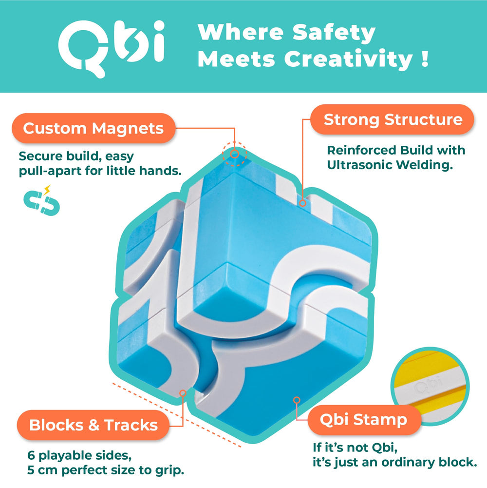 QBI Magnetic Blocks pull-back trucks spark movement during pretend shopping