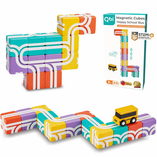 QBI Magnetic Blocks school bus shown for toddlers promoting hands-on play and early problem solving