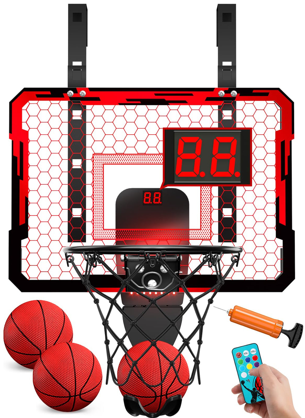 QDRAGON indoor basketball hoop over door with 7 LED lights for exciting dunks.