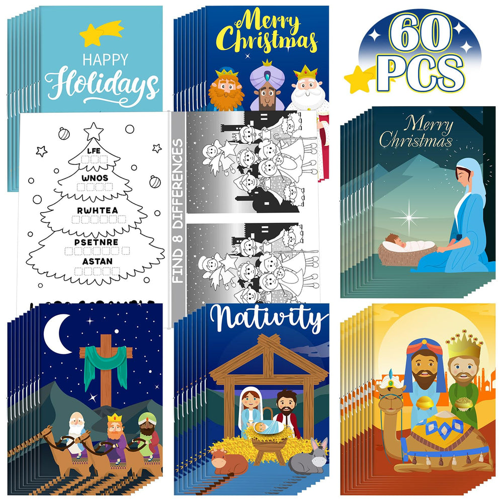 Qeeenar 60-piece Nativity books packaging shown for party distribution