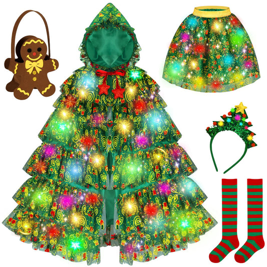 Qezny Christmas Tree Costume for kids with hooded cape offers a cozy, twirl-ready festive look.