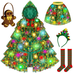 Qezny Christmas Tree Costume for kids with hooded cape offers a cozy, twirl-ready festive look.