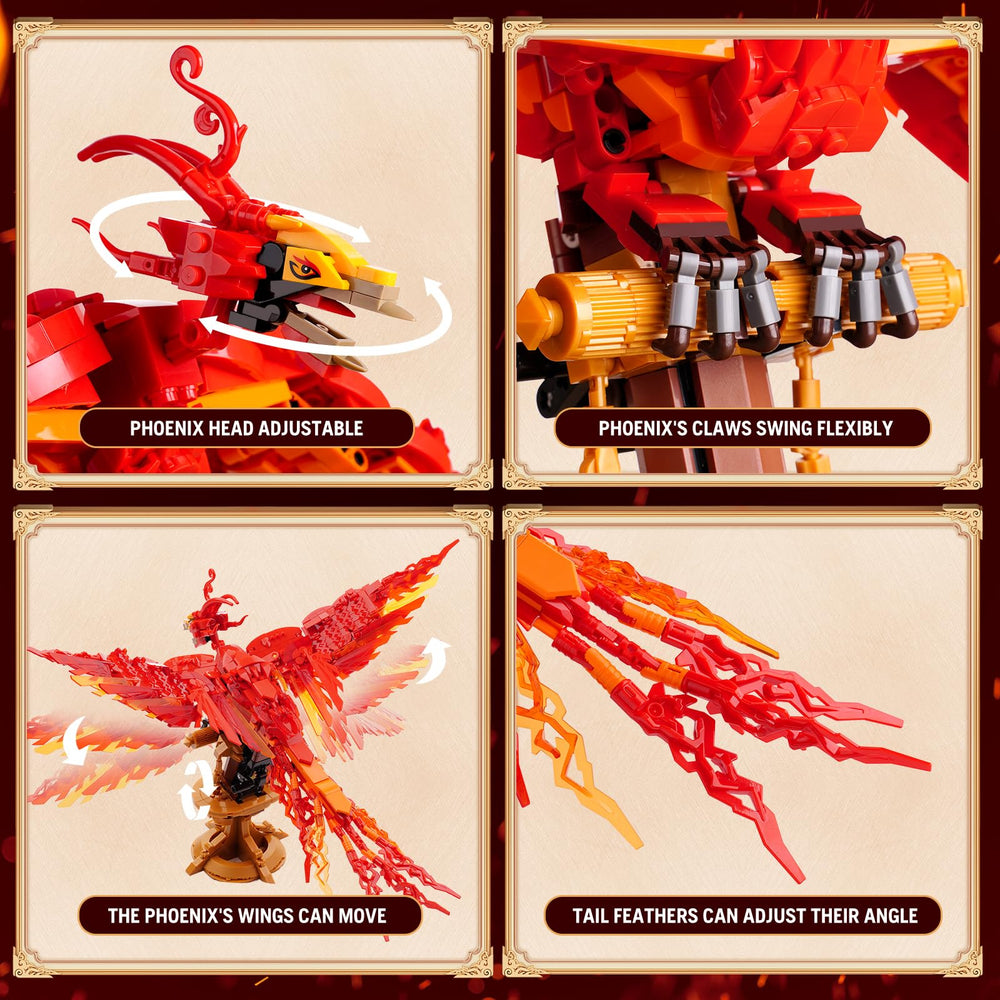 QFJ Moc Fire Phoenix feathers reveal intricate color and texture details.