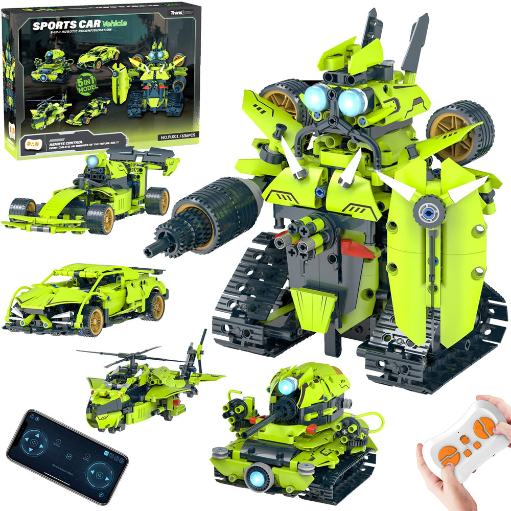 QHECTTY 5-in-1 STEM kit box illustrating five model options for curious kids.