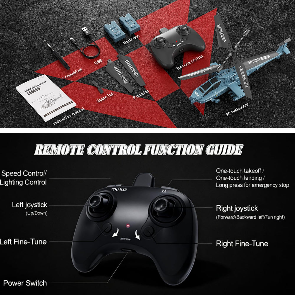 QI XING Apache RC helicopter with USB-C charging for quick recharges