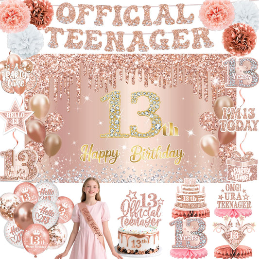 QIYANPAX 13th birthday banner in rose gold for photo-ready moments.