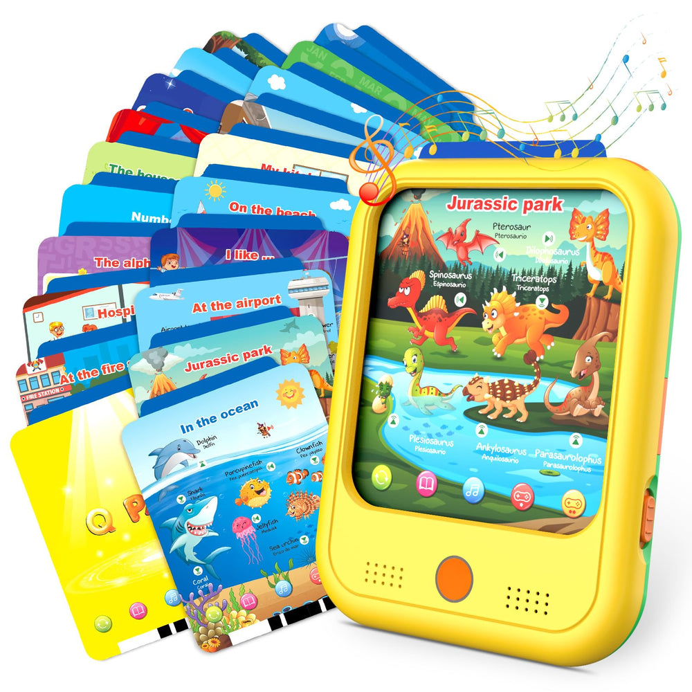 Qiaojoy Kids Learning Tablet front view shows bright yellow color and inviting design for learning.