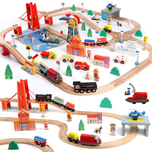 Qilay 121pcs wooden train set with storage bag ready for tidy play