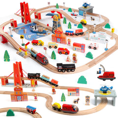 Qilay 121pcs wooden train set with storage bag ready for tidy play