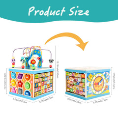 Qilay wooden activity cube packaging shown as a bright first birthday gift option