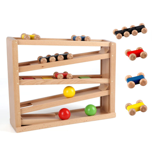 Qilay wooden race track top view with colorful ramps for active play.