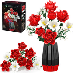 Qinline rose bouquet building set with vase included for decorative display.