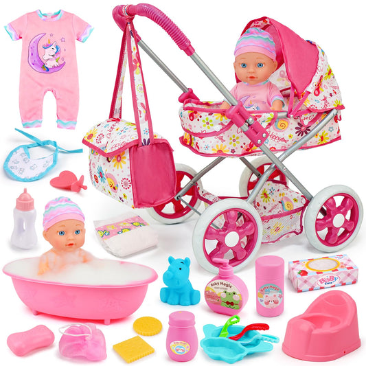 Qirptey Baby Doll Stroller Set – complete pretend play kit for imaginative care.