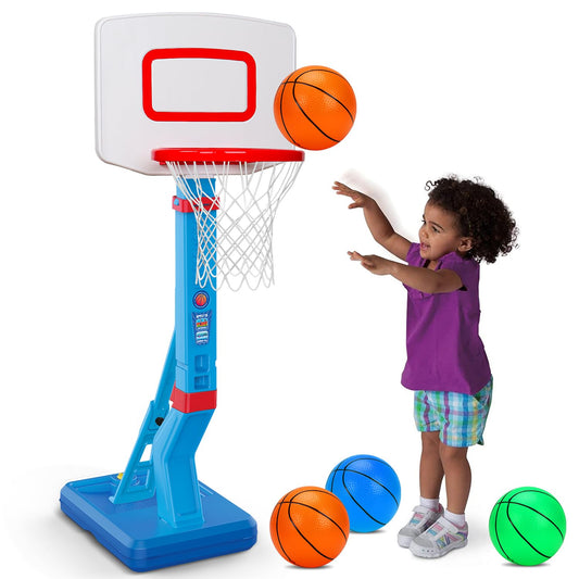 Qirptey toddler basketball hoop pool setup enhances water play and coordination.