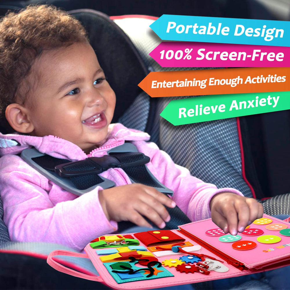 Qizfun Busy Board buttons strengthen finger dexterity during play.