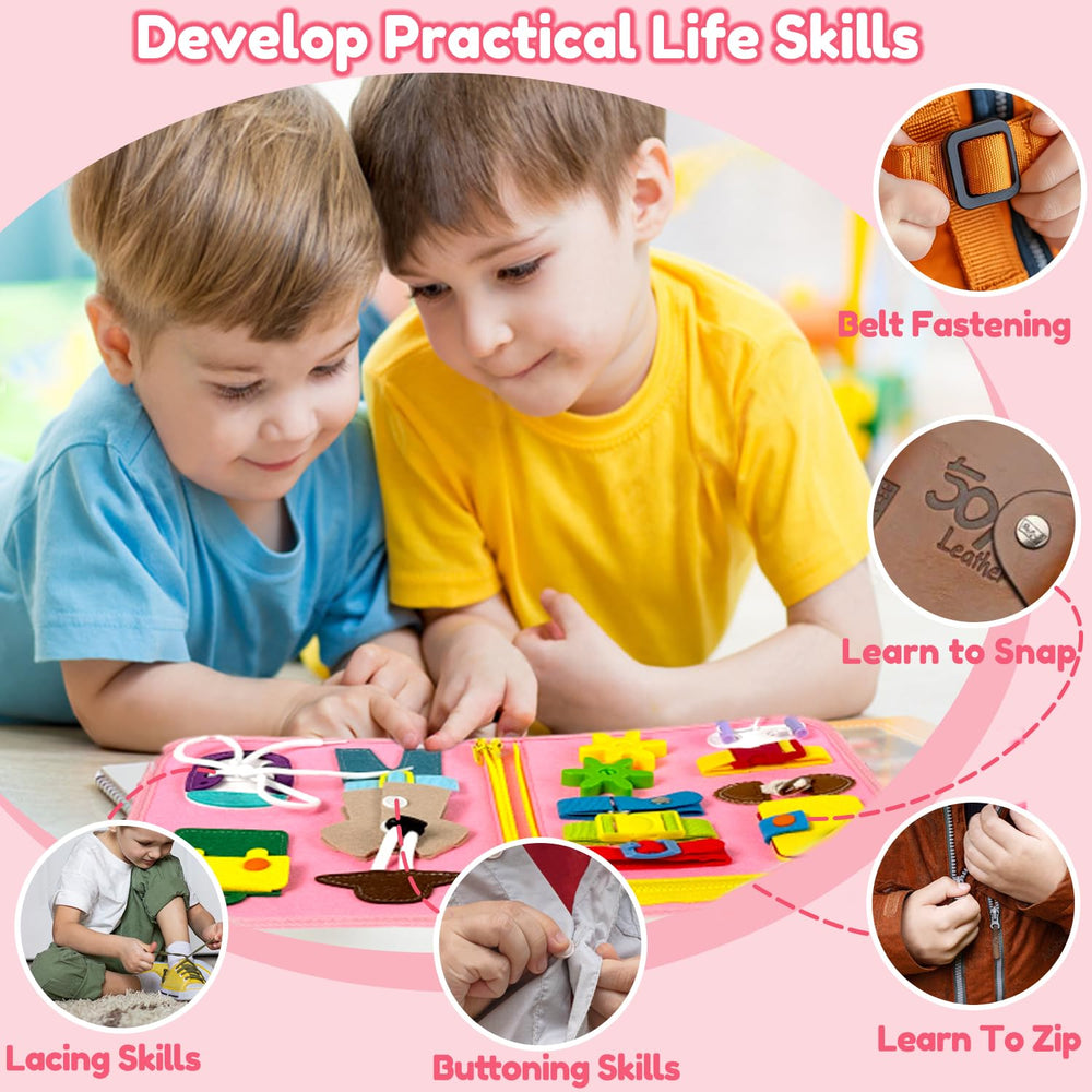 Qizfun dinosaur busy board lacing activity improves grip strength and concentration.
