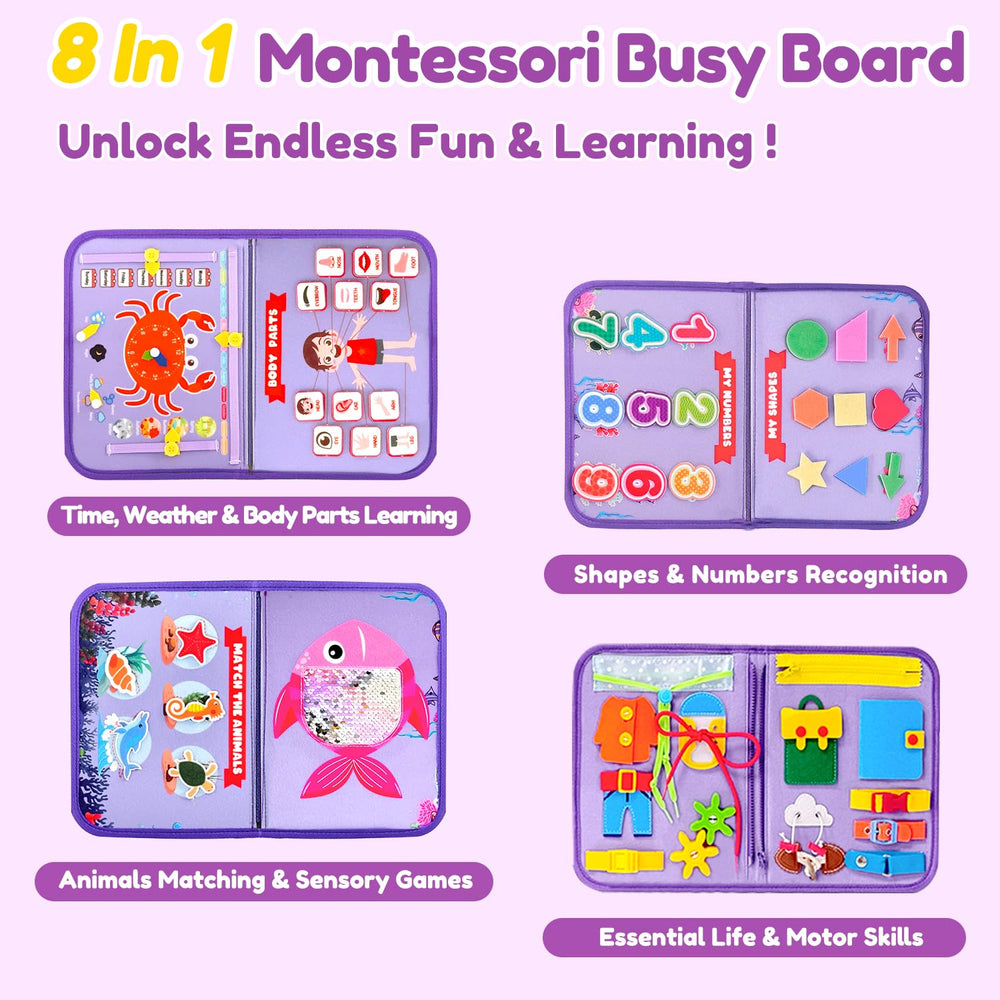 Qizfun Mermaid Busy Board buttoning activity boosts toddler dexterity during play.