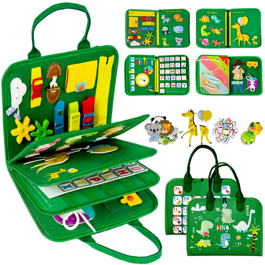 Qizfun toddler busy board with 8-page layout promoting hands-on learning on the go