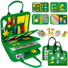Qizfun toddler busy board with 8-page layout promoting hands-on learning on the go