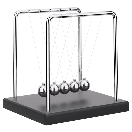 QLKUNLA Newtons Cradle balance balls on a sleek desk demonstrating momentum transfer