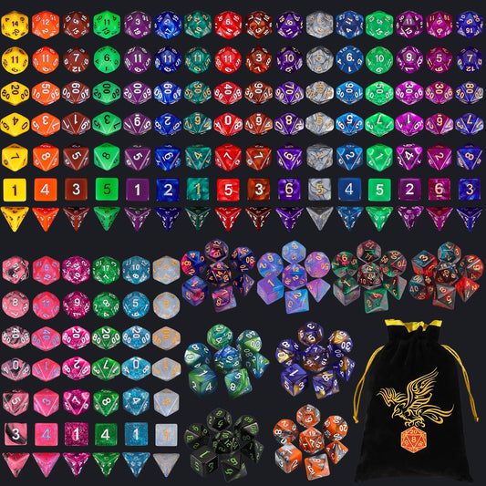QMay polyhedral dice set displayed, ideal for RPG sessions.