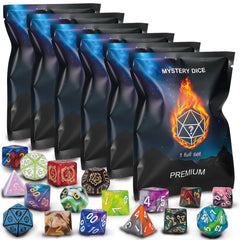 QMay polyhedral dice 48pcs mystery set with varied RPG-friendly styles.