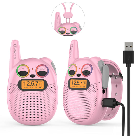 QNIGLO pink kids walkie talkies 2-pack for outdoor play.