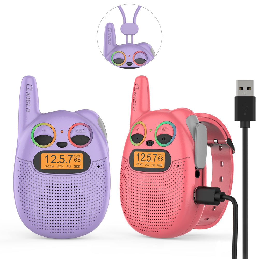 QNIGLO USB-rechargeable kids walkie talkies for extended play outdoors.