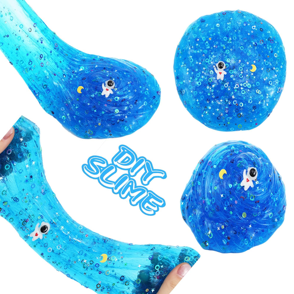 QOFRJTU Blue Sky Space Rocks slime packaging view showcases kid friendly, gift ready design