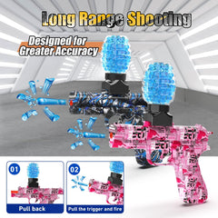 QOGELY Gel Ball Blaster 2 Pack action shot highlights rapid shooting capability.