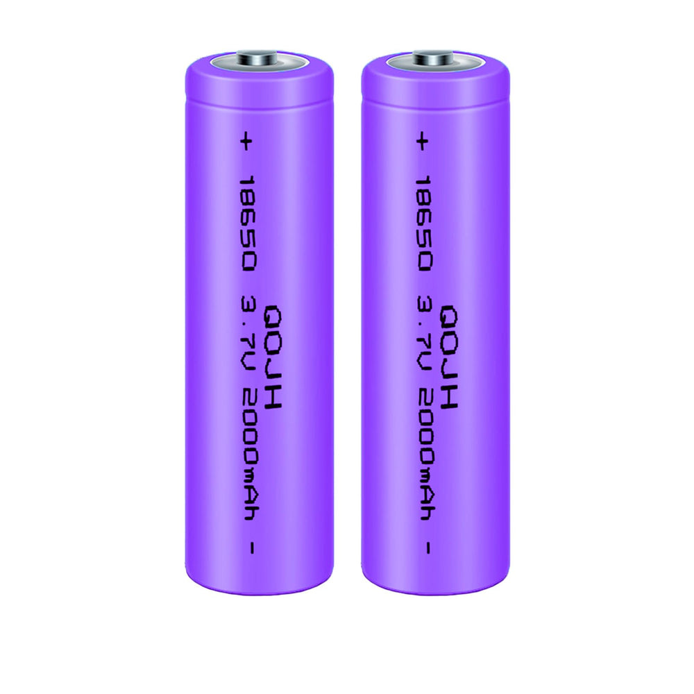 QOJH 2-pack 18650 purple batteries ready for replacement power.