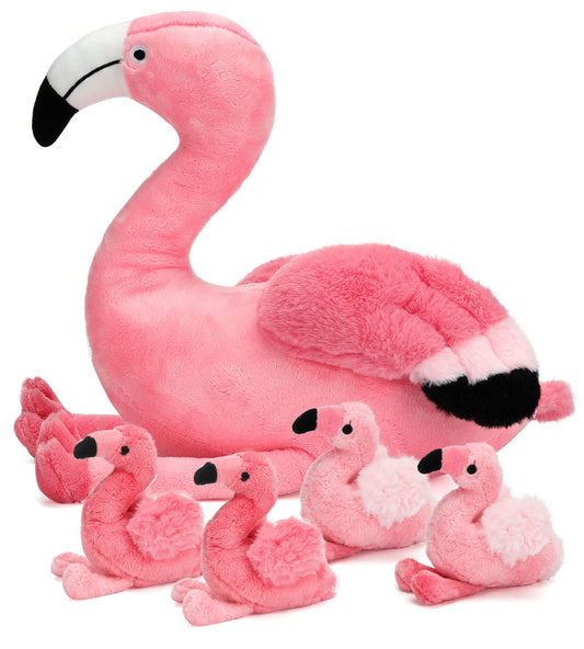 Qpewep 21-inch flamingo with four babies – cuddly family for imaginative play