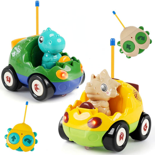 QPOU dinosaur RC car 2-pack with lights and music for exciting playtime.