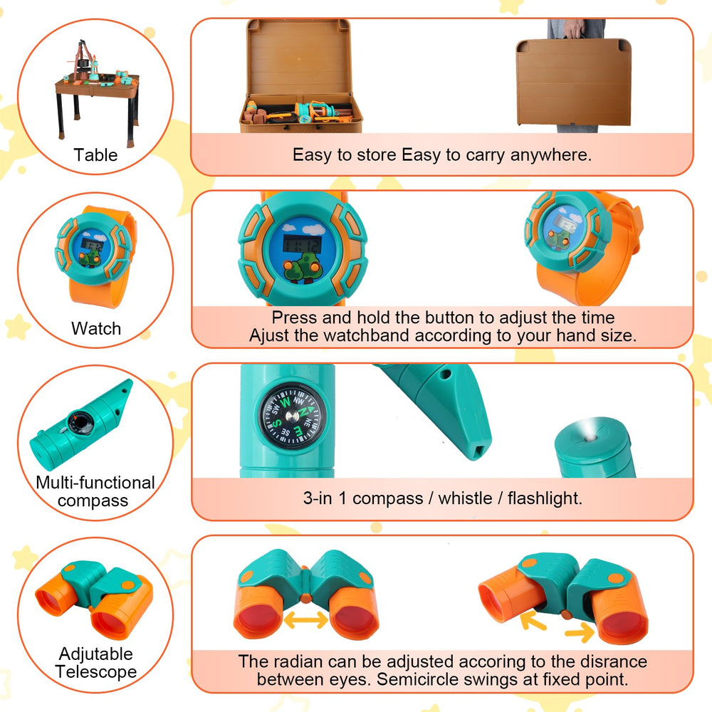 Qtioucp binoculars invite young explorers to observe the outdoors during pretend trips.