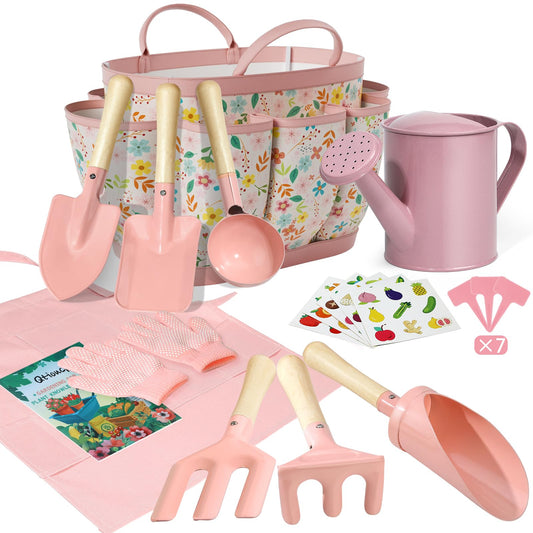 Qtioucp Kids Gardening Set tote bag keeps tools organized for easy yard time.