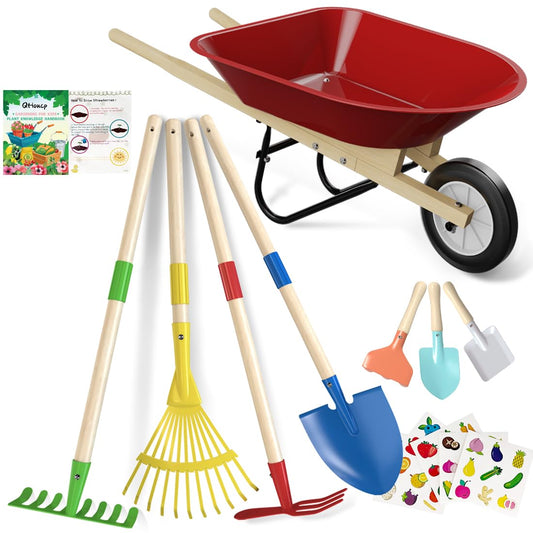 Qtioucp kids wheelbarrow set front view, sturdy frame for outdoor gardening play.