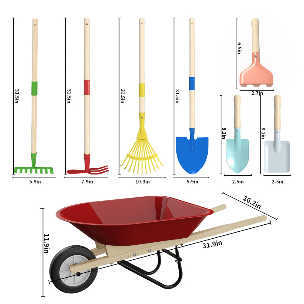 Qtioucp wheelbarrow with tools showing organized storage ideal for kids.