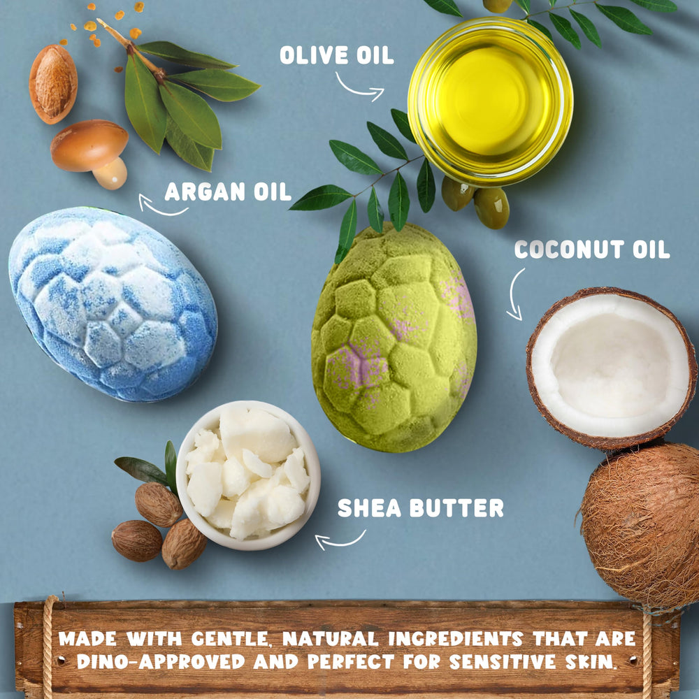 Quack Quack Moo organic ingredients in dino bombs for gentle baths