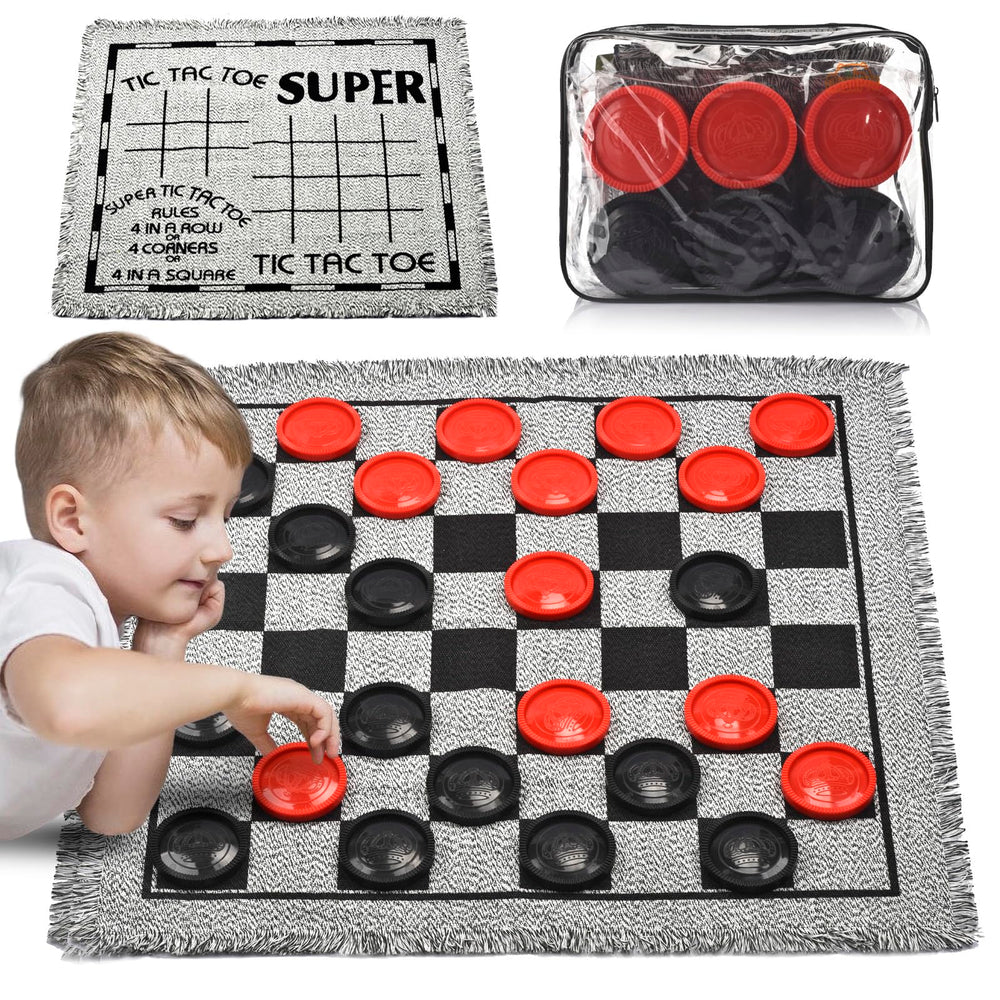 QuadPro giant checkers pieces in red and black ready for big family games.