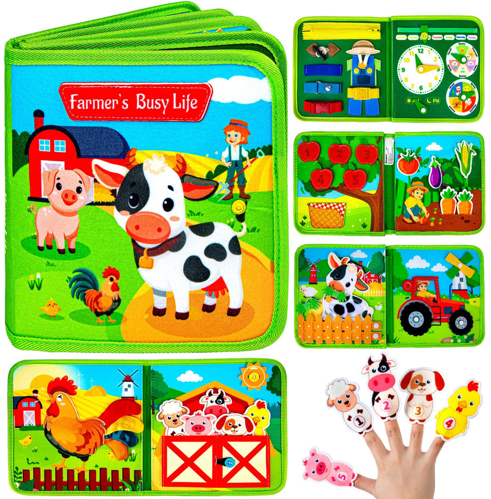Quanquer Montessori Busy Book Farm Animals page promotes tactile play and early sensory exploration.