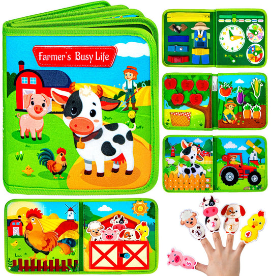 Quanquer Montessori Busy Book Farm Animals page promotes tactile play and early sensory exploration.