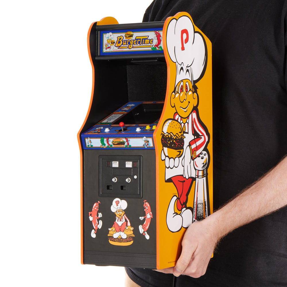 Quarter Arcades Burger Time cabinet front view showcasing authentic wooden finish for display.