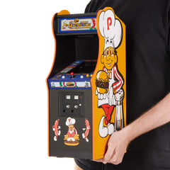 Quarter Arcades Burger Time cabinet front view showcasing authentic wooden finish for display.