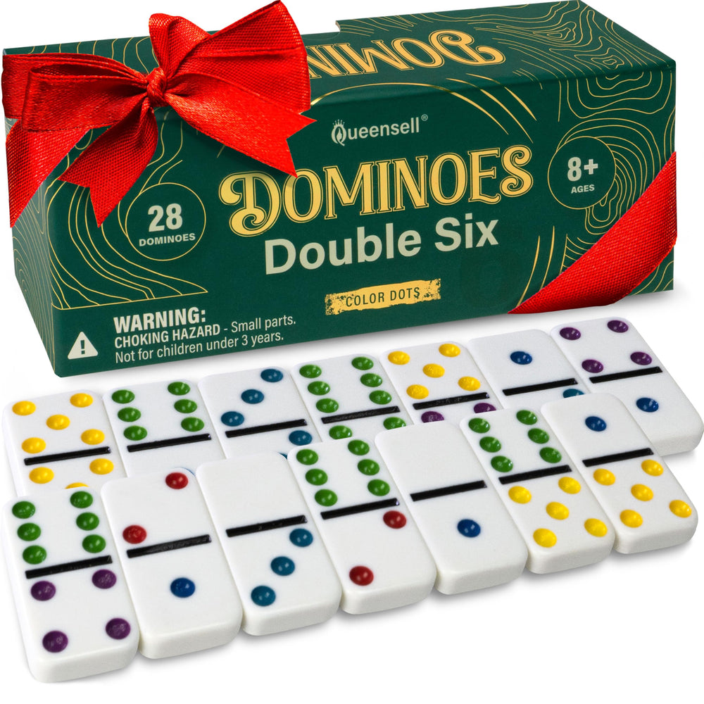 Queensell domino set with 28 double-six tiles for easy reading of pips during family play