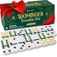 Queensell domino set with 28 double-six tiles for easy reading of pips during family play
