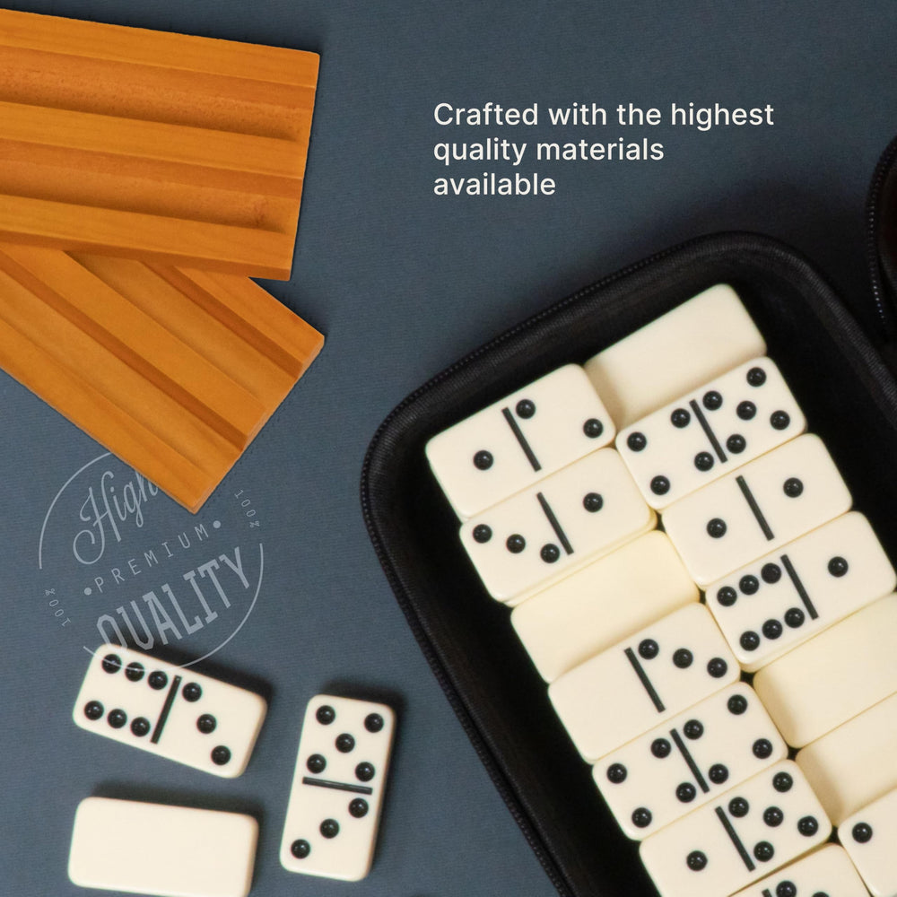 Queensell packaging presents a sleek travel-ready domino set