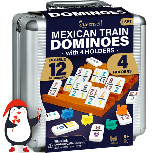 Queensell Mexican Train dominoes tiles and holders arranged for organized, quick setup