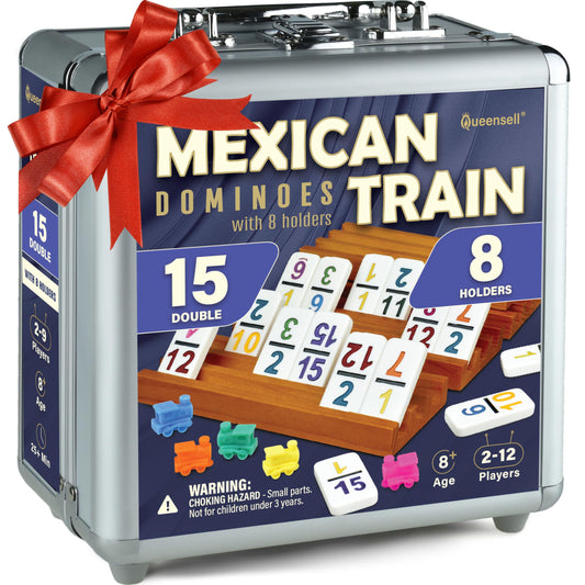 Queensell Mexican Train dominoes tiles with bold numbers for quick setup and play.