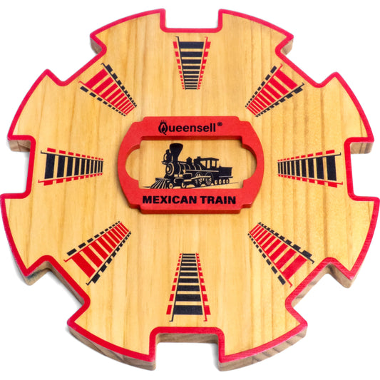 Queensell wooden Mexican Train Hub closeup shows smooth wood for organized play.