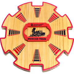 Queensell wooden Mexican Train Hub closeup shows smooth wood for organized play.